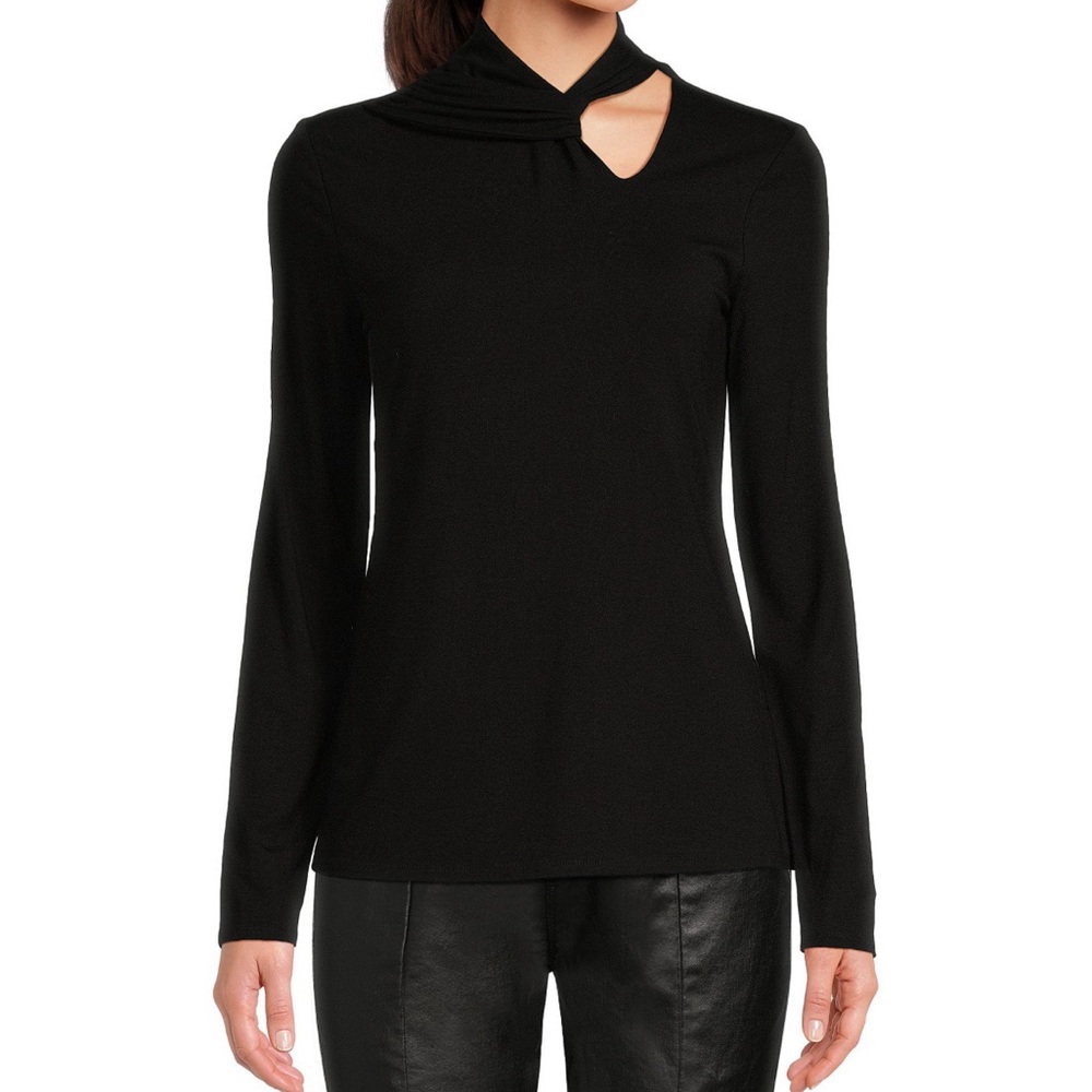 Gibson Latimer Black Cut Out Twisted Mock Neck Long Sleeve Knit Top